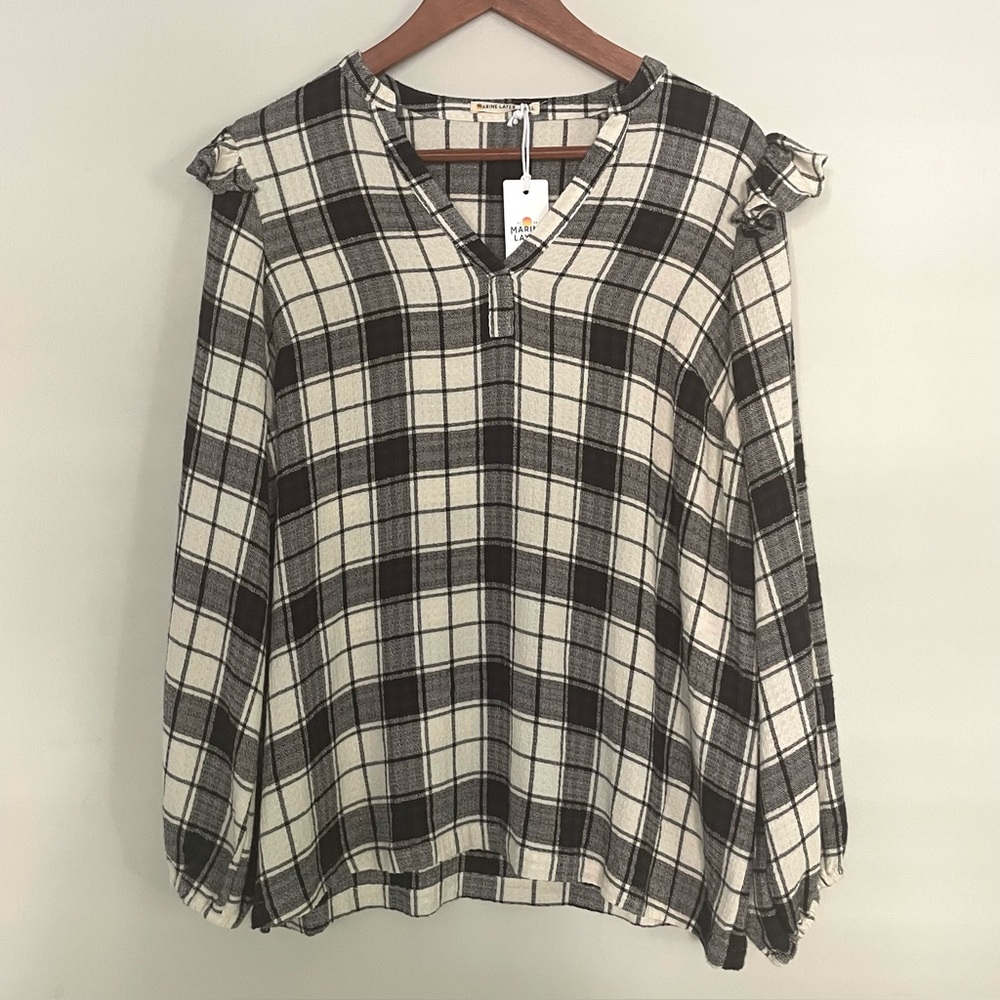 Marine Layer Jamie Ruffle Sleeve Black White Plaid Top Rayon Relaxed Fit NWT, L
